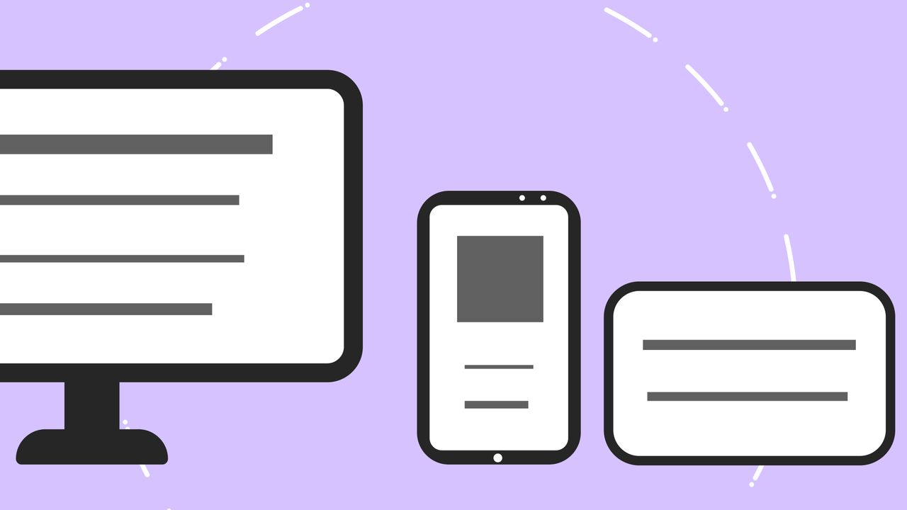Iconos vectoriales con un teléfono moderno junto a un monitor de ordenador y una tarjeta de crédito, sobre un fondo morado con líneas grises